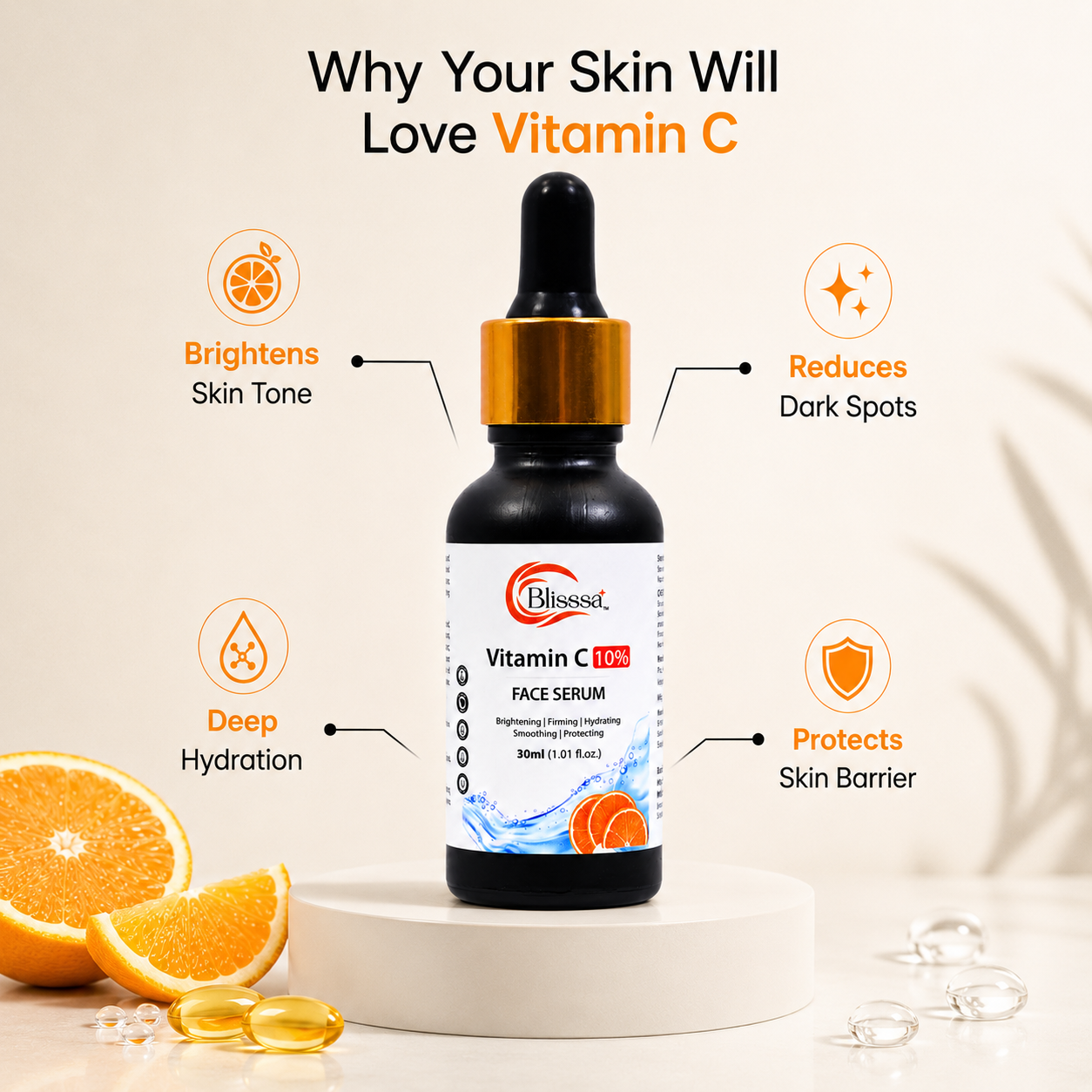 Blisssa Brightening 10% Vitamin C Face Serum for All Skin Types | 30 ml