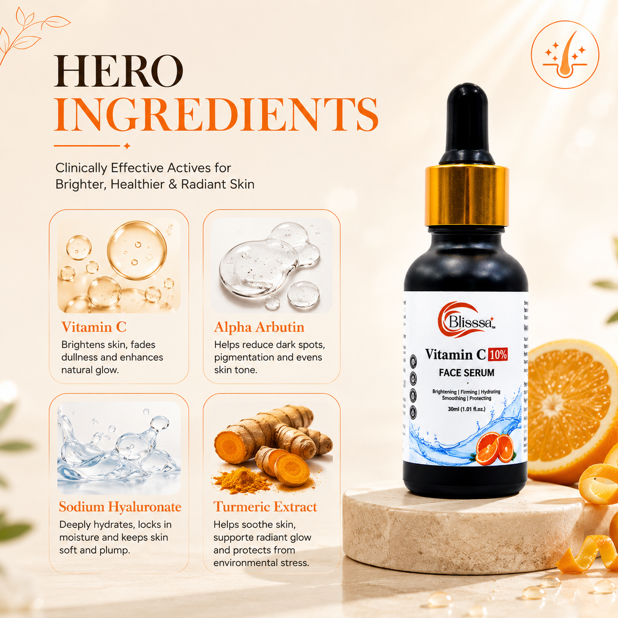 Blisssa Brightening 10% Vitamin C Face Serum for All Skin Types | 30 ml