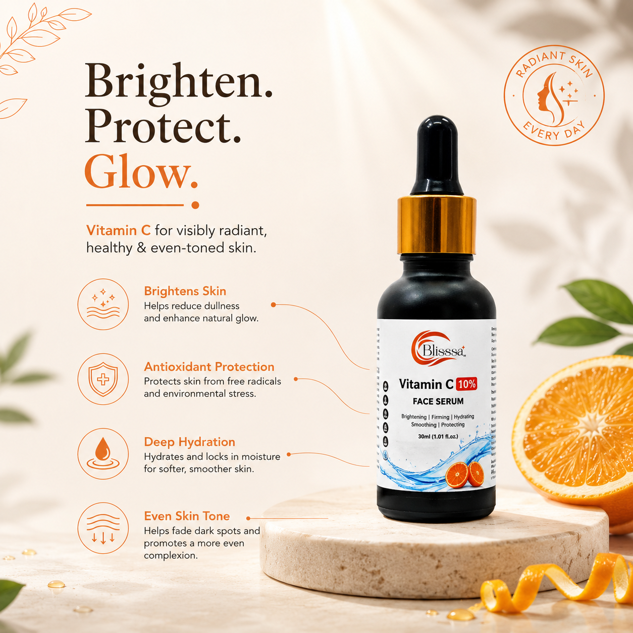 Blisssa Brightening 10% Vitamin C Face Serum for All Skin Types | 30 ml